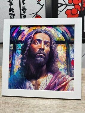 Framed 8x8 Black Jesus Stained‎ Glass Wall Art Print